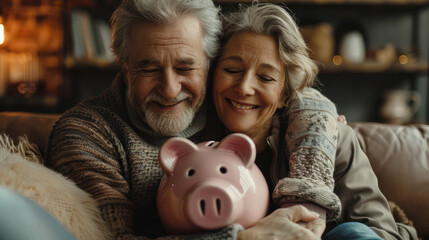 Senior couple joyfully holding a pink piggy bank, close up, capturing their retirement savings pride.