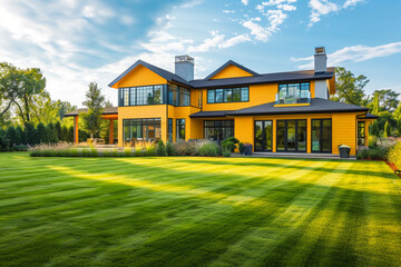 A newly built large suburban house featuring a modern mustard yellow exterior, framed by an expansive lawn and contemporary landscaping, under the vibrant light of a midsummer day,  - obrazy, fototapety, plakaty