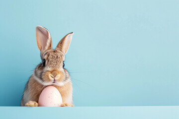 Adorable Easter bunny rabbit peeping behind Easter egg on blue background.