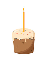 Easter cake with a burning candle on a white background for the Easter holiday. Vector.