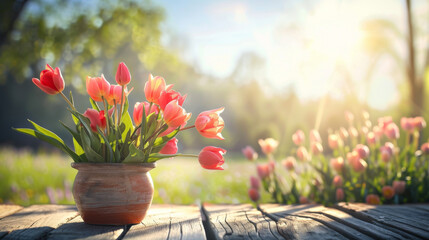 A wooden table with a bouquet of tulips on springtime meadow background, for product presentation...