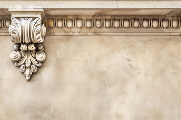 Exterior view of a Victorian architectural cornice against a light brown background