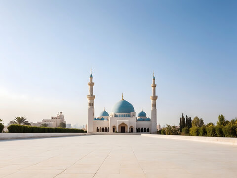 A serene, empty backdrop featuring a distant mosque against a clear sky design.