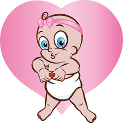 Vector illustration of a baby  girl in diaper making a heart sign or shape - 766468121