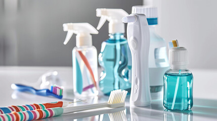 Dental Hygiene Essentials: Toothbrushes, Floss, and Mouthwash - obrazy, fototapety, plakaty