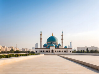 Fototapeta na wymiar A serene, empty backdrop featuring a distant mosque against a clear sky design.
