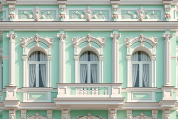 Grand classical house design, symmetrical facade with angular elements, background in calming mint green