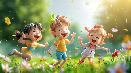 3d cartoon chidrens playing together outside