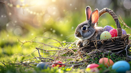 Fototapeta na wymiar Easter bunny rabbit and Easter eggs in the basket on green grass in spring.