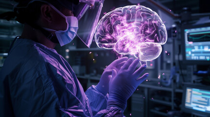A neurosurgeon gestures towards a holographic brain projection, futuristic medical healthcare technology. - obrazy, fototapety, plakaty