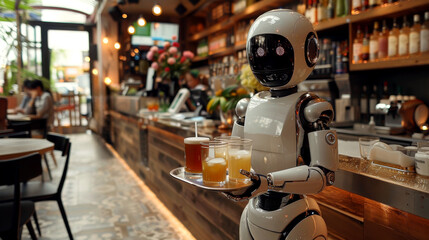 Color photo - A robotic revolution: the waiter with a tray of drinks
