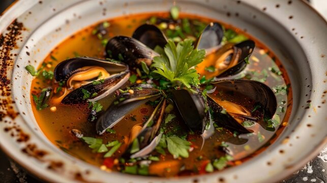 The dish is a soup made with fresh mussels, parsley, and pepper.