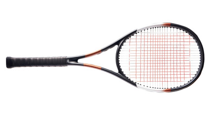 Close up of a tennis racket on a white background