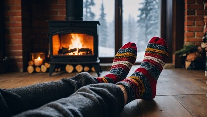 Fototapeta na wymiar Feet in wool socks near fireplace in winter time