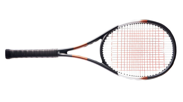 Close up of a tennis racket on a white background