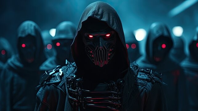 Evil skeleton robot in metal armor. Skull of futuristic evil cyborg in hood. Technology, robotics, artificial intelligence and future concept.