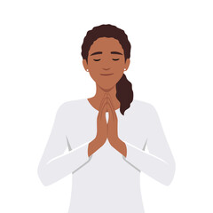 Young woman praying.Beautiful woman meditates. Zen and relaxation. Flat vector illustration isolated on white background