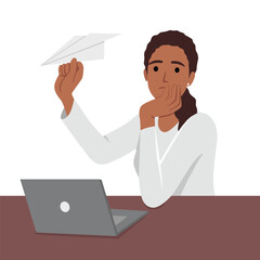 Unmotivated woman freelancer procrastinating sitting at office desk with laptop and launching paper planes. Flat vector illustration isolated on white background