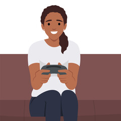 Young woman playing video games. Game pad. Flat vector illustration isolated on white background