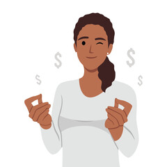 Young woman gesturing pointing finger on dollar symbols sketches. Flat vector illustration isolated on white background