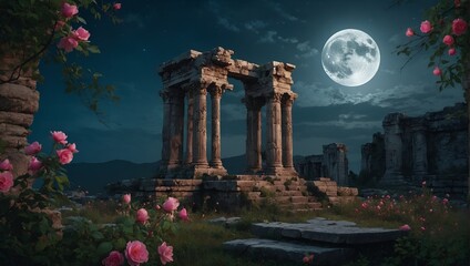 The ruins of an ancient temple with wildn roses climbin