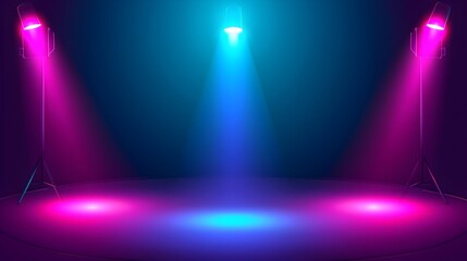 Stage with spotlight and colorful lights on a purple background vector illustration.