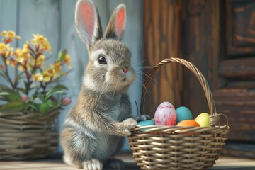 Happy Easter Sunday! Easter bunny with basket of eggs on wooden background. Happy Easter. - obrazy, fototapety, plakaty