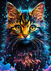 Cute Kitten Tee-Shirt Design Hyperdetailed Eyes on Black Background