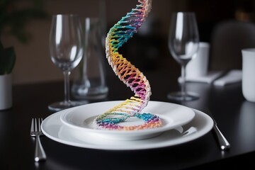 Genetically modified DNA and genes depicted on a plate, fork, and knife. Concept of genetically modified food, alterations made to the genetic material of organisms for enhanced traits or qualities. - obrazy, fototapety, plakaty