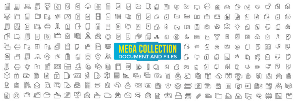 Mega icon set of document and files. Universal line sign for web design, mobile site. Medical, business, nature, family, people, education related.
