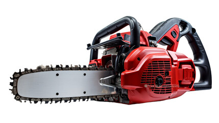 Red and black chainsaw poised on white background
