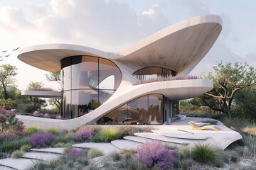 Innovative eagle-wing-shaped house focusing on integration with nature in a close exterior view with a background color of pale lavender