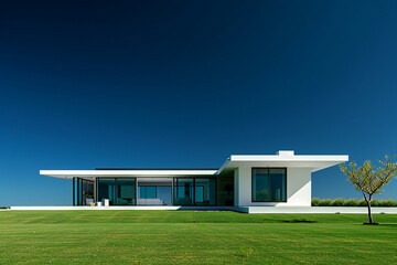 A newly built suburban house, modern minimalist design, large flat lawn, no trees yet, stark against a deep blue sky, a symbol of new beginnings, real suburbs house, - obrazy, fototapety, plakaty