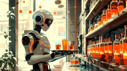 Fototapeta premium Color illustration - The future of waitstaff: the robot waiter serving drinks
