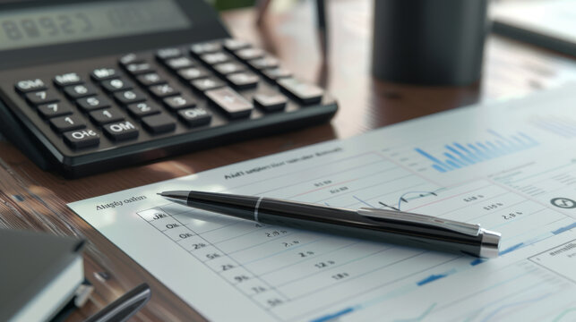 A calculator and pen rest on a document with financial graphs.