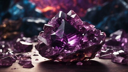 The image showcases a stunning deep purple crystal formation set against a contrasting dark background with vibrant hues