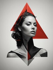 A creative abstract portrait of a woman with geometric shapes, contrasting red and grayscale tones highlight the subject