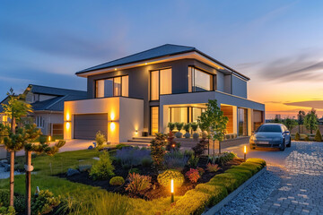 A modern suburban home during a summer evening, with outdoor lights softly illuminating the facade, a well-kept garden in front, family car parked in the driveway, twilight sky, real suburbs house, - obrazy, fototapety, plakaty