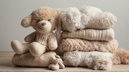 An endearing image showing a beige teddy bear alongside a pile of soft, knitted sweaters over a neutral backdrop