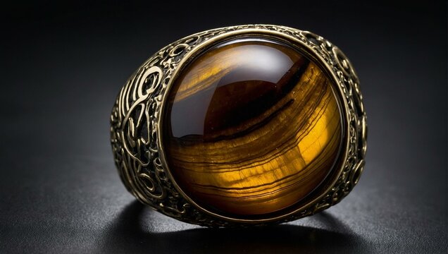 A vintage style image of a rich amber stone set within a beautifully detailed carved metallic ring