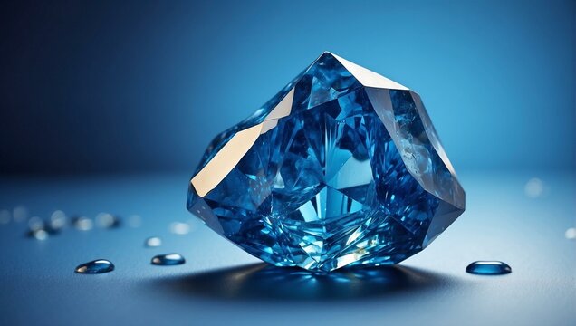 This beautiful composition highlights an immaculately cut, intensely blue diamond resting on a smooth backdrop with water droplets