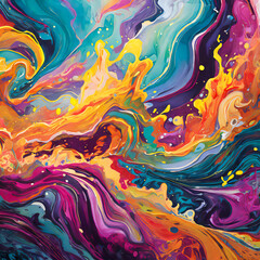 Vibrant, multicolored abstract art texture. Liquid acrylic paint forms dynamic, flowing patterns.