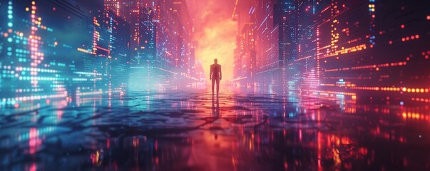 Capture the essence of cybersecurity evolution! Show a sleek, futuristic cyborg standing guard in a neon-lit digital realm, symbolic of the ever-changing landscape of cybersecurity - obrazy, fototapety, plakaty