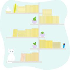 Five bookshelves with books, a boat, a white cat, cacti and pencils. The concept of a library,school,workplace