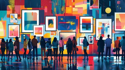Capture the essence of vibrant artistic gatherings with a side view illustration Show a diverse group of artists and filmmakers engrossed in passionate discussions, surrounded by artworks and film ree - obrazy, fototapety, plakaty