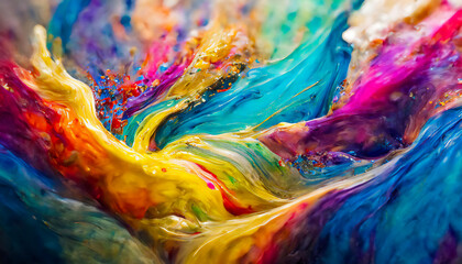 Vibrant, multicolored abstract art texture. Liquid acrylic paint forms dynamic, flowing patterns.