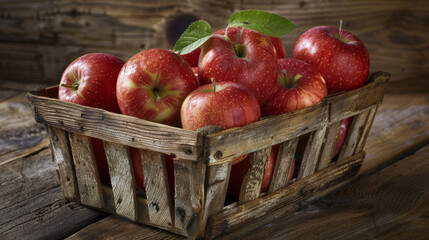 A wooden crate overflows with dewy red apples on a rustic table amidst an orchard.