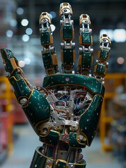 Create a striking close-up image of a robotic hand reaching out, evoking empathy and questioning the boundaries of sentient beings Highlight the ethical dilemmas surrounding AI rights in a visually co - obrazy, fototapety, plakaty