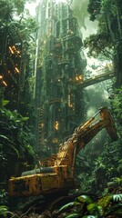 Create a striking graphic that captures the perspective of a worm looking up at towering machinery used in gold mining, juxtaposed with lush greenery symbolizing sustainable practices Show the contras - obrazy, fototapety, plakaty