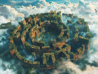 Create a stunning panoramic illustration that visually represents complex philosophical concepts Incorporate symbolic elements like intricate labyrinths, soaring birds, and ancient symbols to evoke de